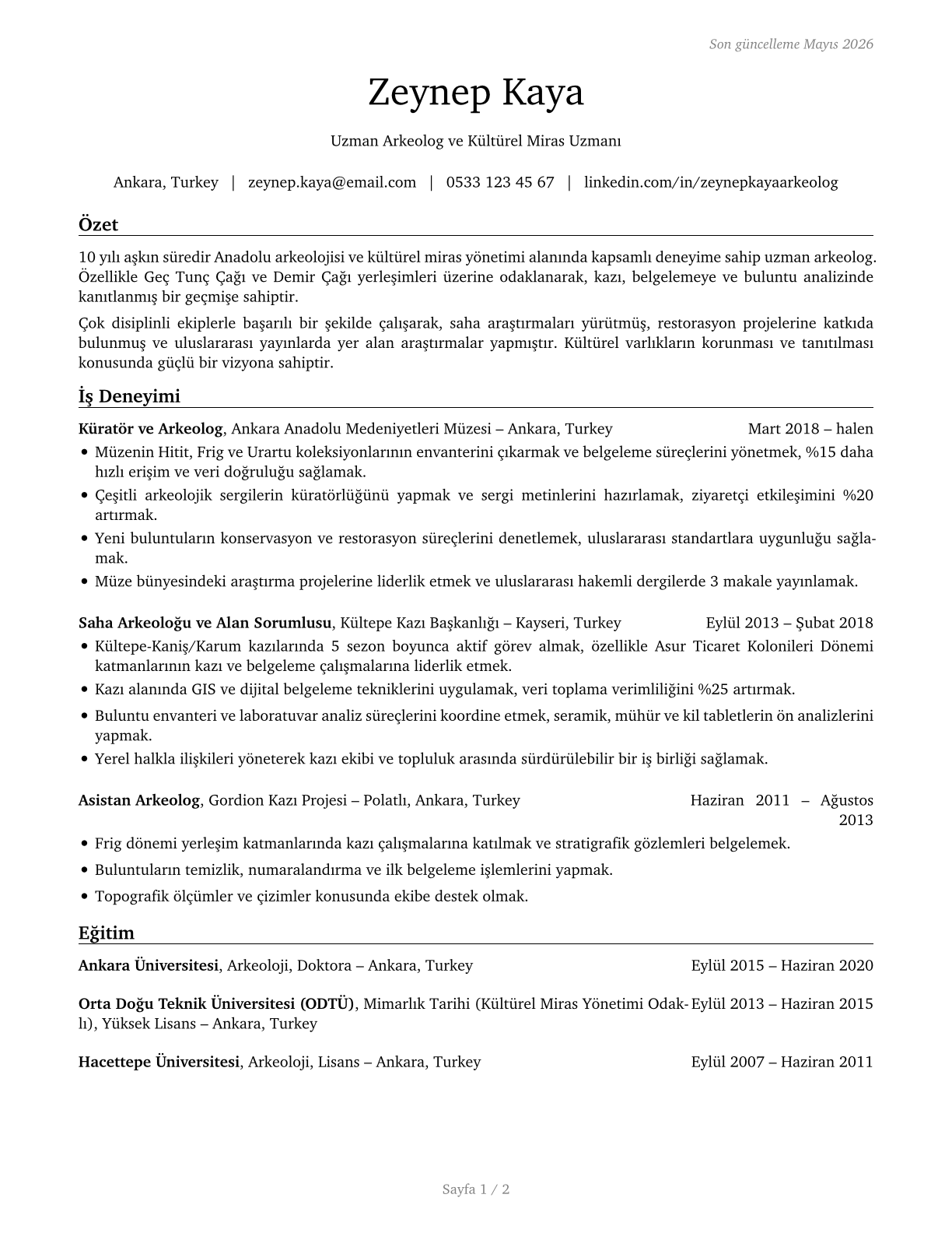 Anthropologists and Archeologists CV in Turkish — page 1