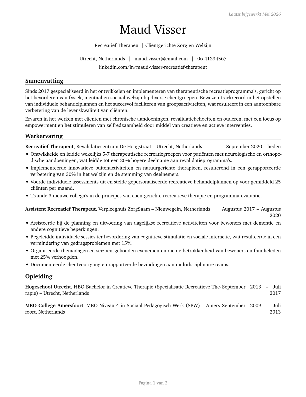 Recreational Therapists CV in Dutch — page 1