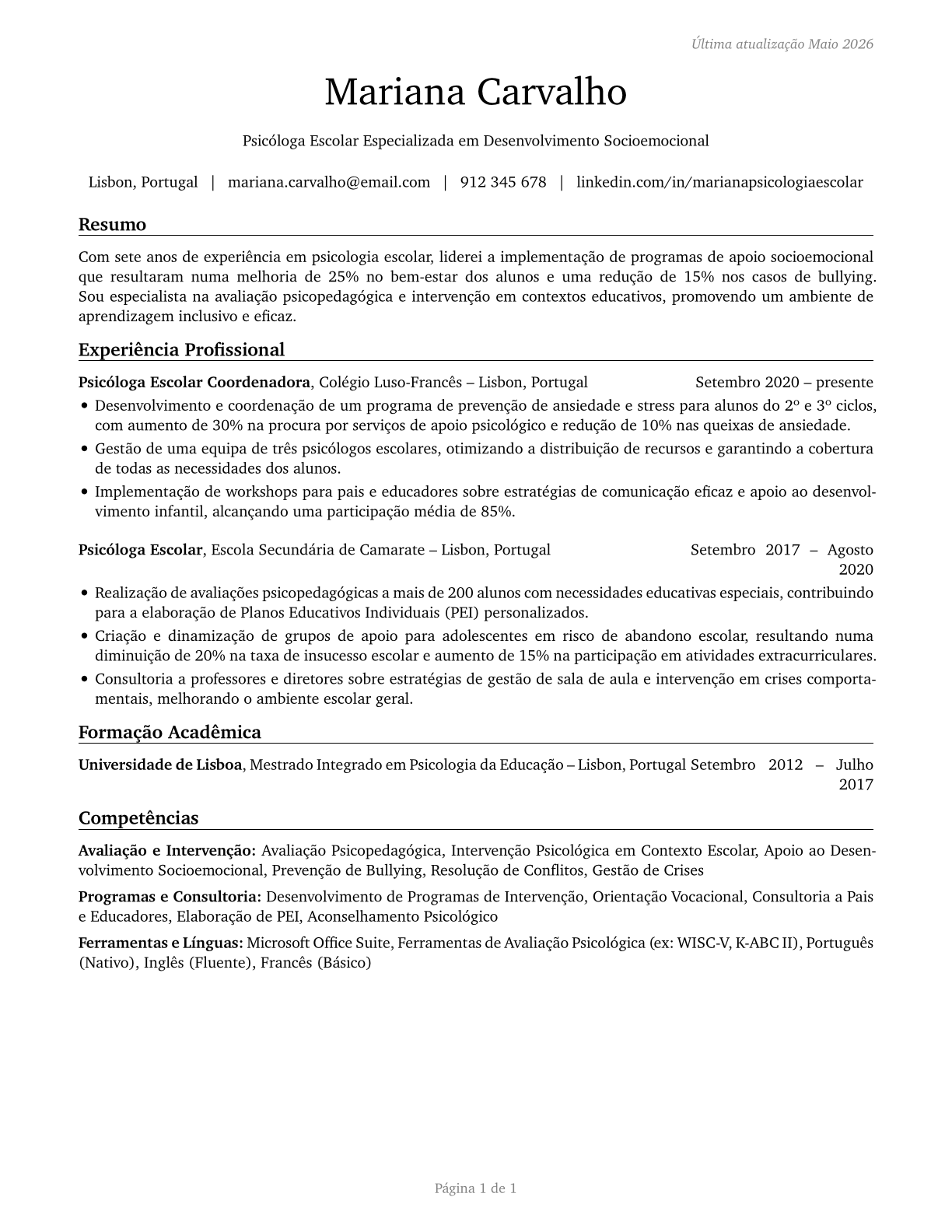 School Psychologists CV in Portuguese — page 1