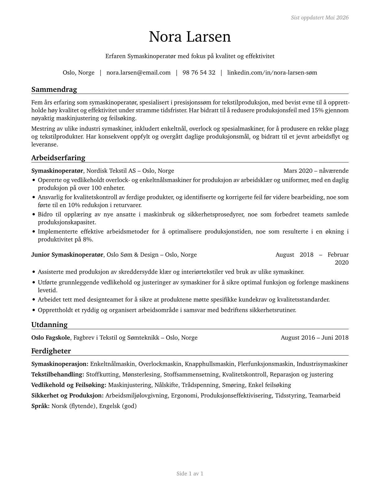 Sewing Machine Operators CV in Norwegian_bokmal — page 1