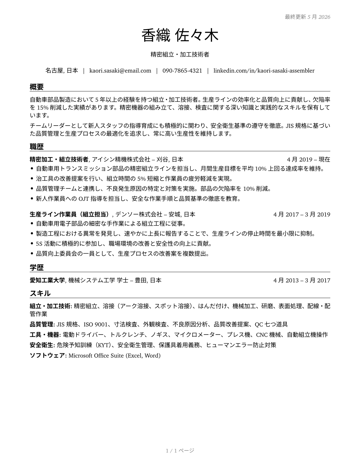 Assemblers and Fabricators, All Other CV in Japanese — page 1