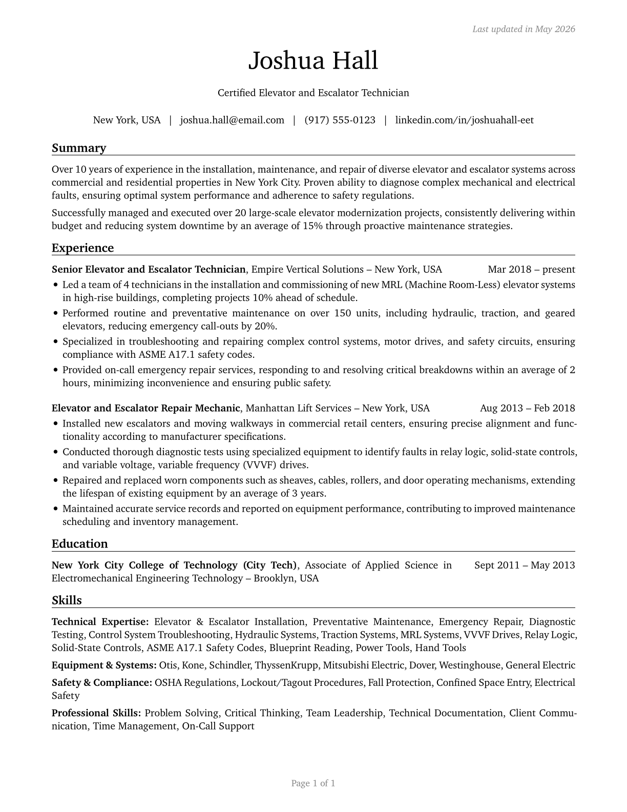 Elevator and Escalator Installers and Repairers CV in English — page 1