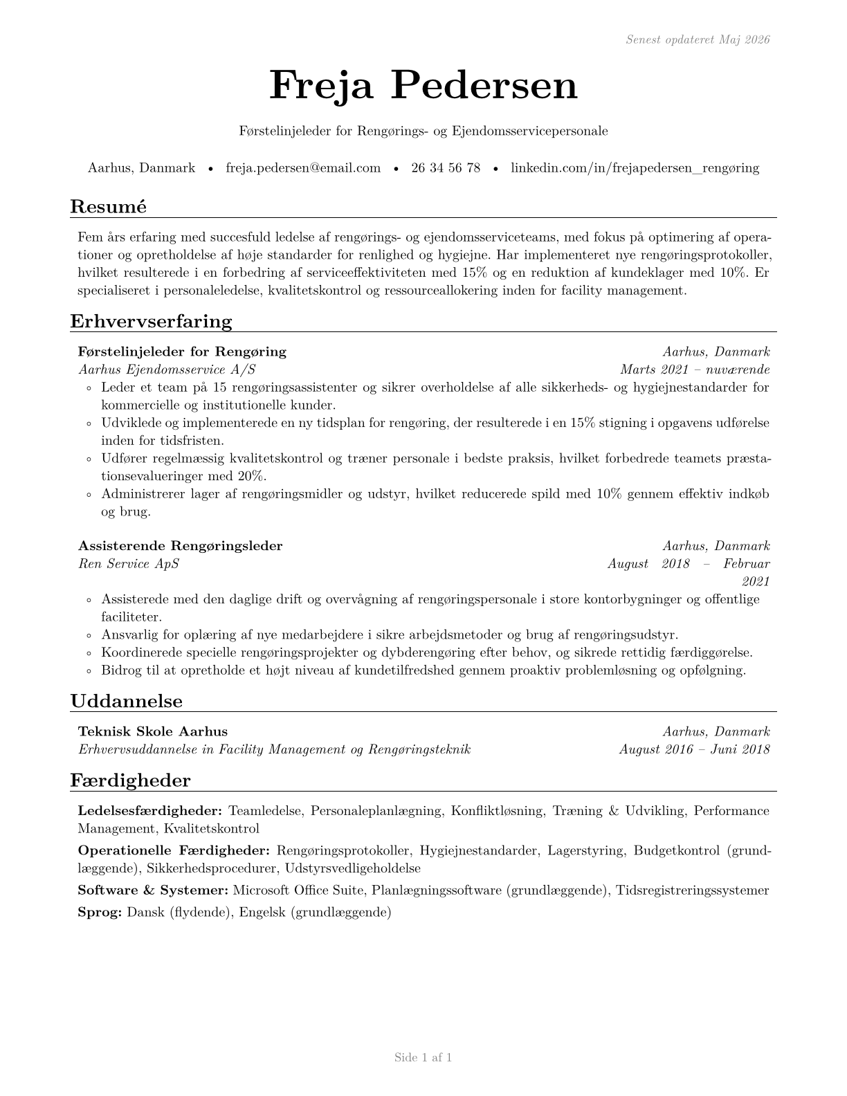 First-Line Supervisors of Housekeeping and Janitorial Workers CV in Danish — page 1