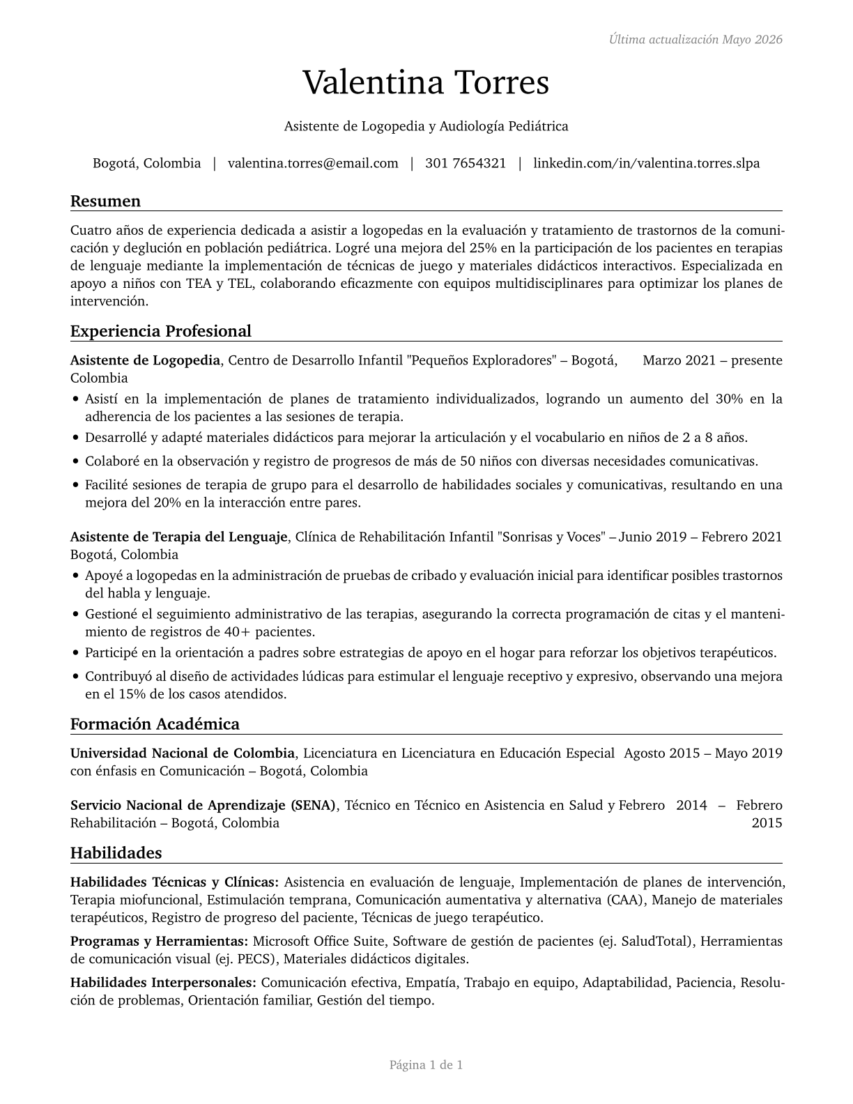 Speech-Language Pathology Assistants CV in Spanish — page 1