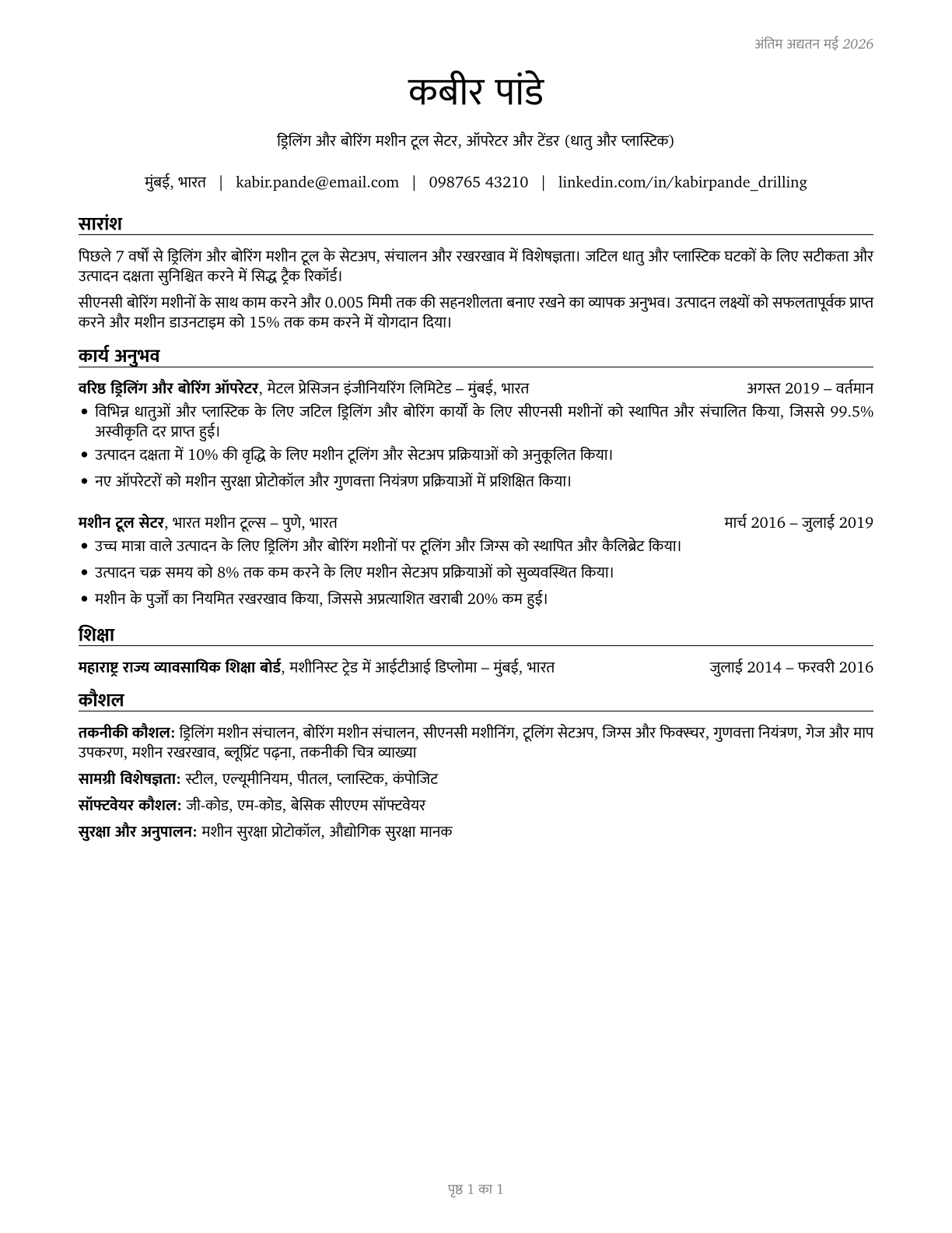 Drilling and Boring Machine Tool Setters, Operators, and Tenders, Metal and Plastic CV in Hindi — page 1