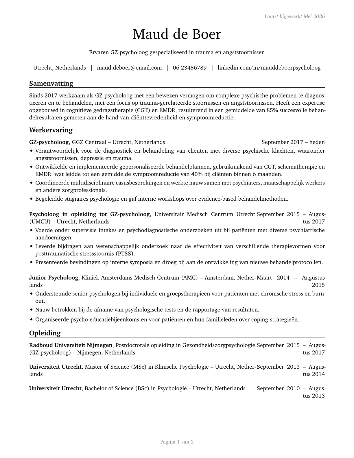 Mental Health Counselors CV in Dutch — page 1