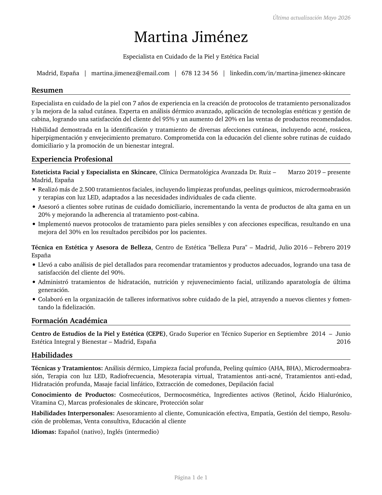 Skincare Specialists CV in Spanish — page 1