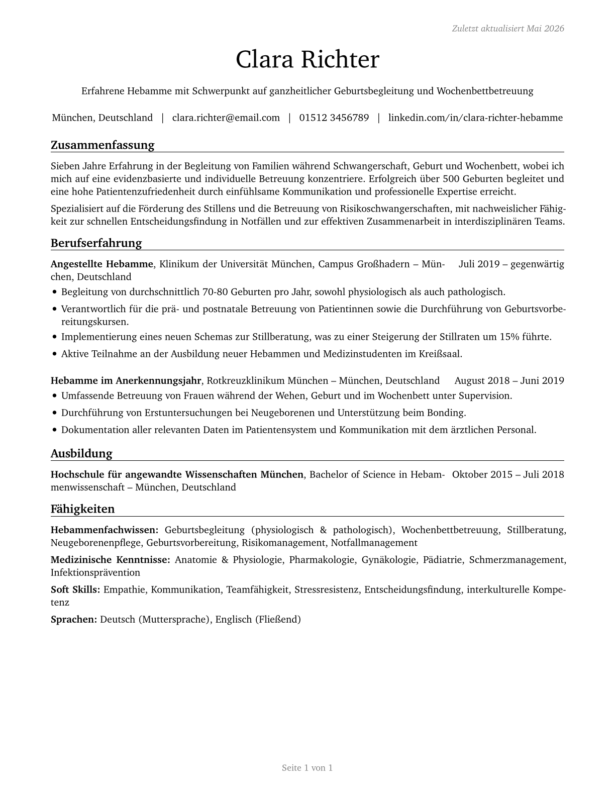 Midwives CV in German — page 1