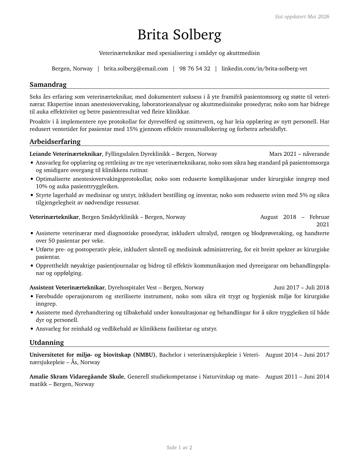 Veterinary Technologists and Technicians CV in Norwegian_nynorsk — page 1