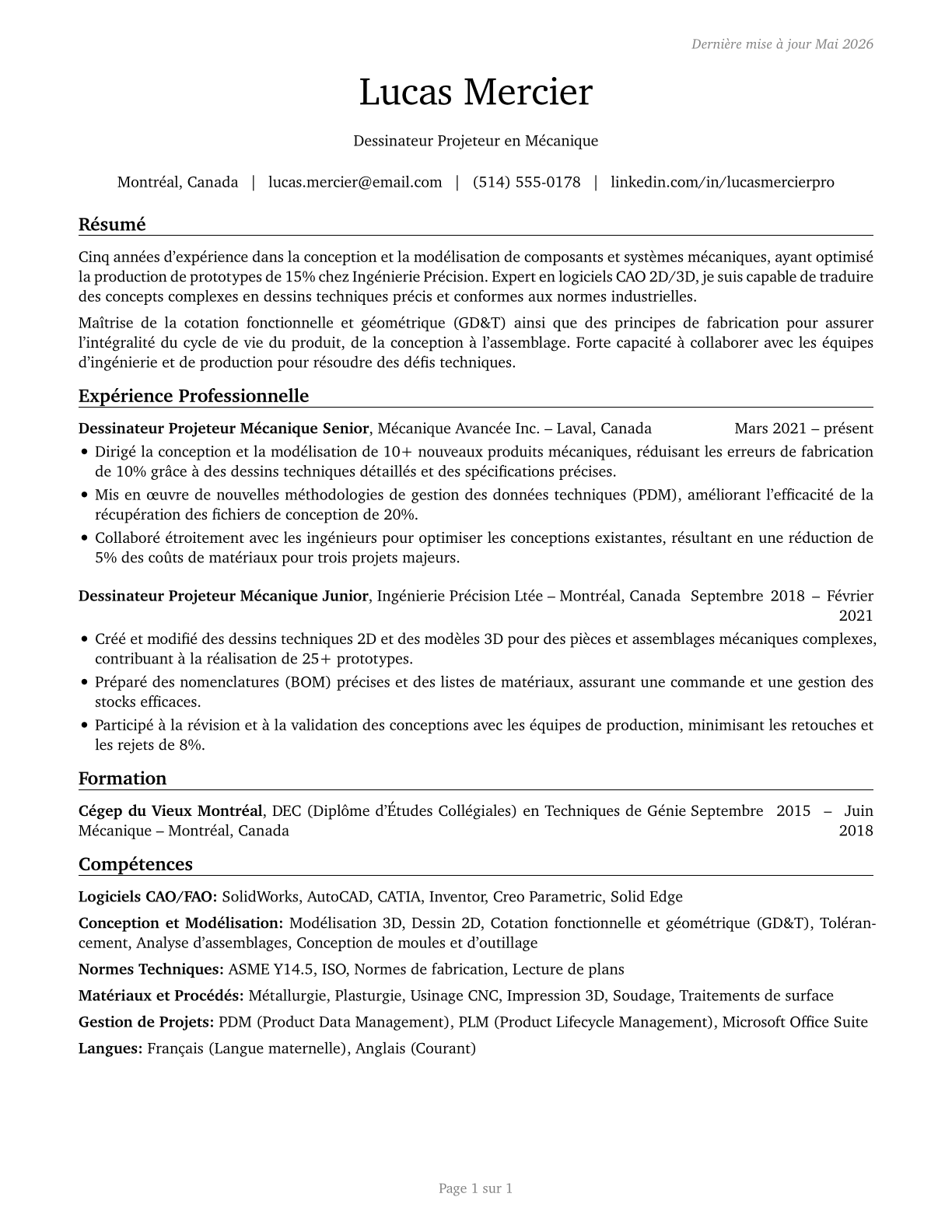 Mechanical Drafters CV in French — page 1