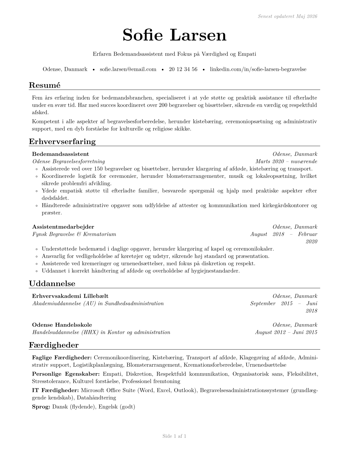 Funeral Attendants CV in Danish — page 1