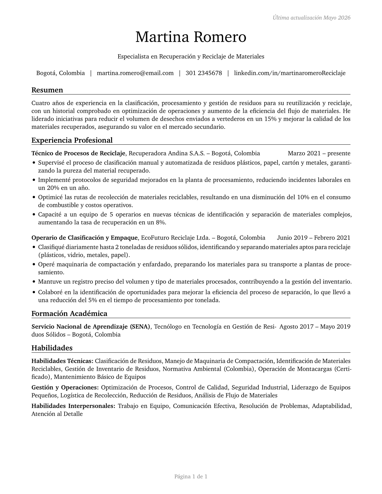 Recycling and Reclamation Workers CV in Spanish — page 1