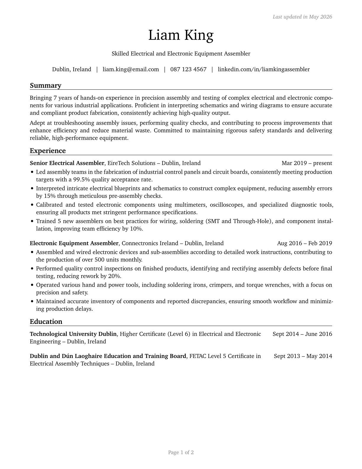 Electrical and Electronic Equipment Assemblers CV in English — page 1