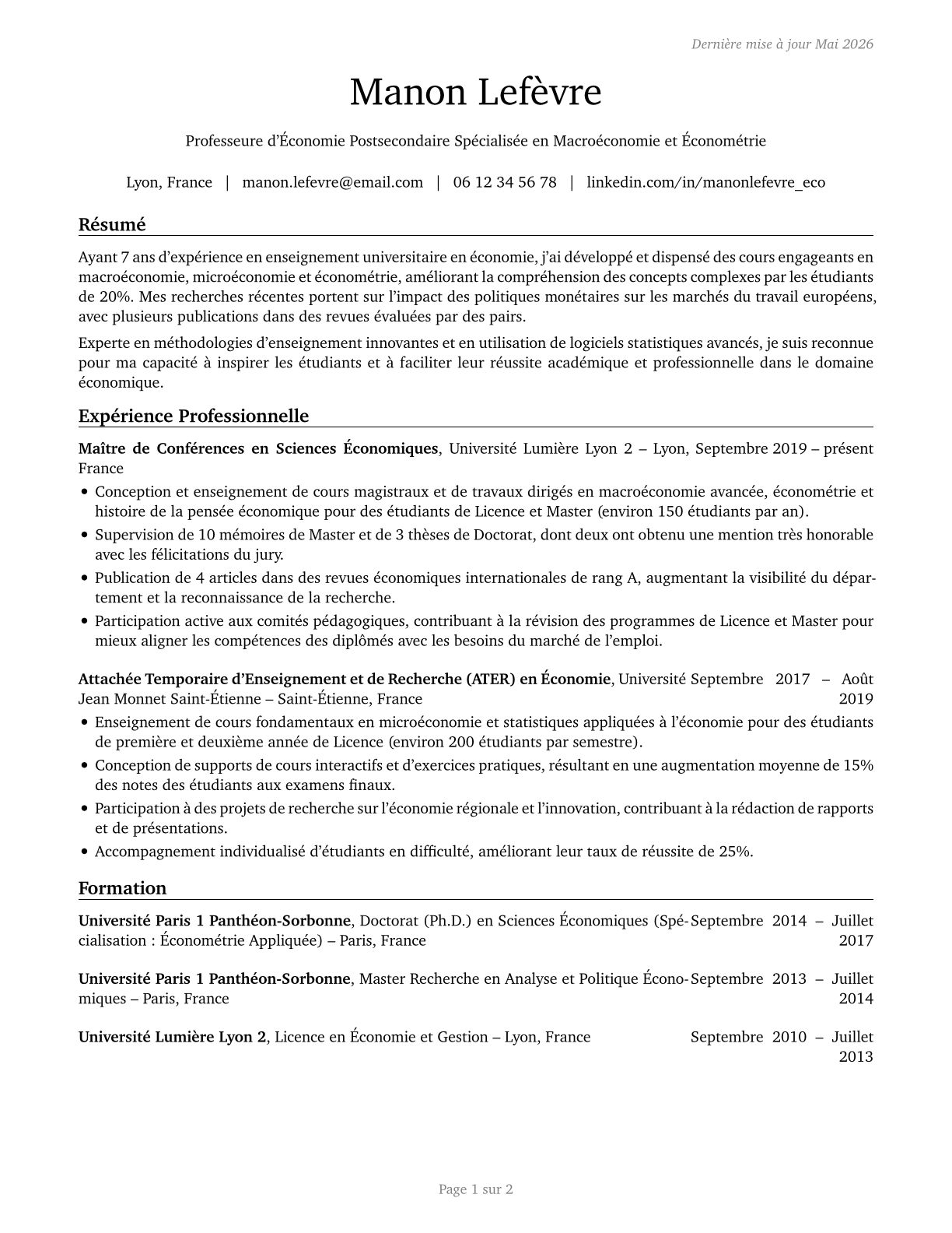 Economics Teachers, Postsecondary CV in French — page 1
