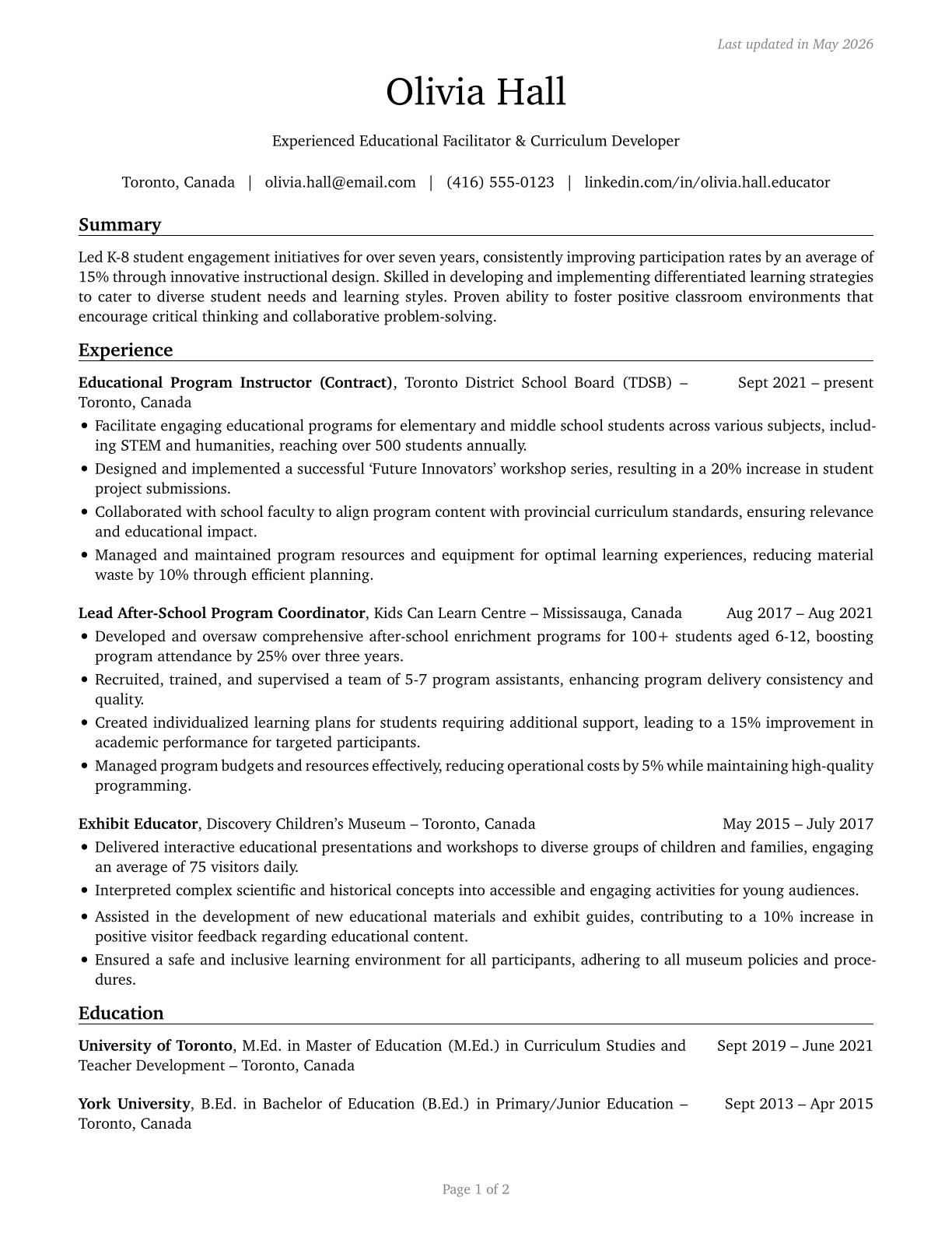 Teachers and Instructors, All Other CV in English — page 1