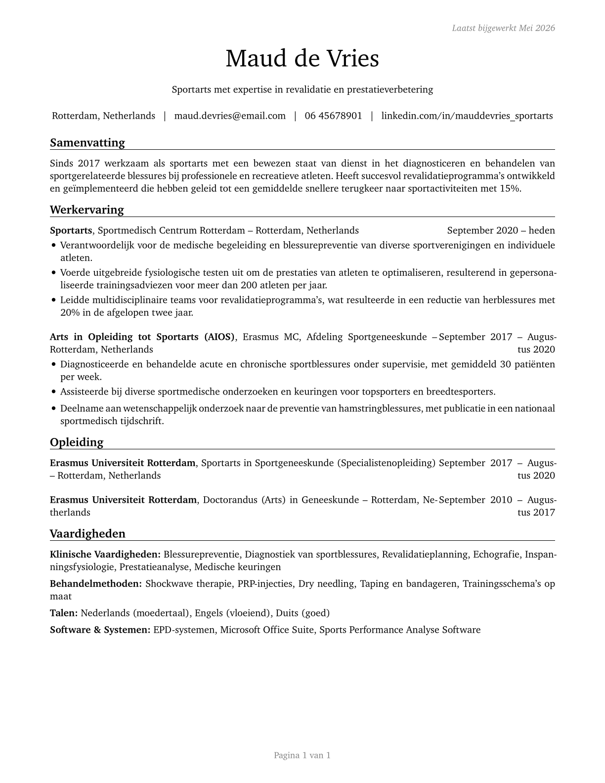 Sports Medicine Physicians CV in Dutch — page 1