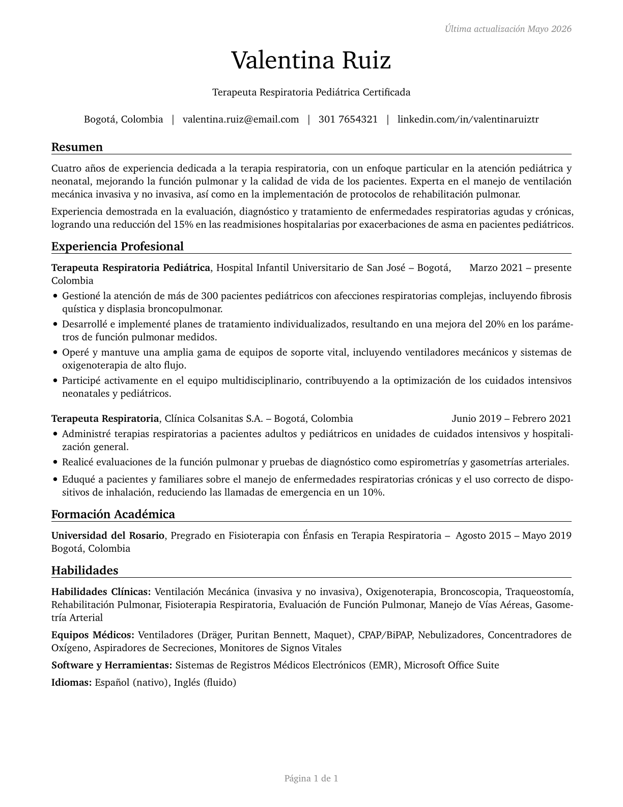 Respiratory Therapists CV in Spanish — page 1
