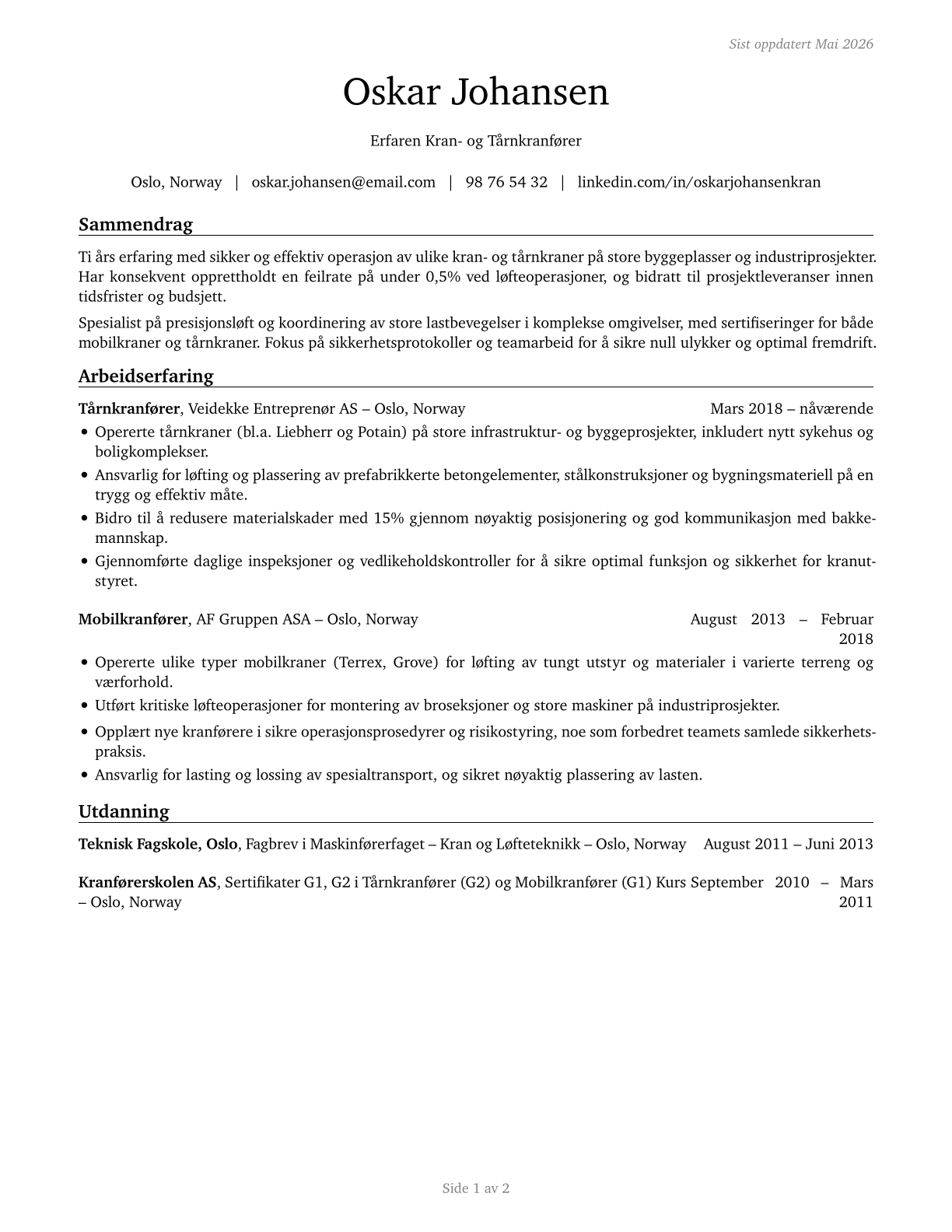 Crane and Tower Operators CV in Norwegian_bokmal — page 1