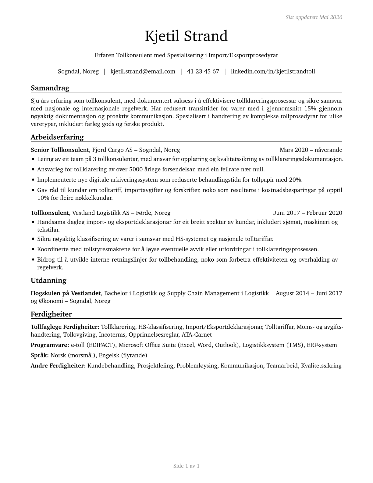 Customs Brokers CV in Norwegian_nynorsk — page 1