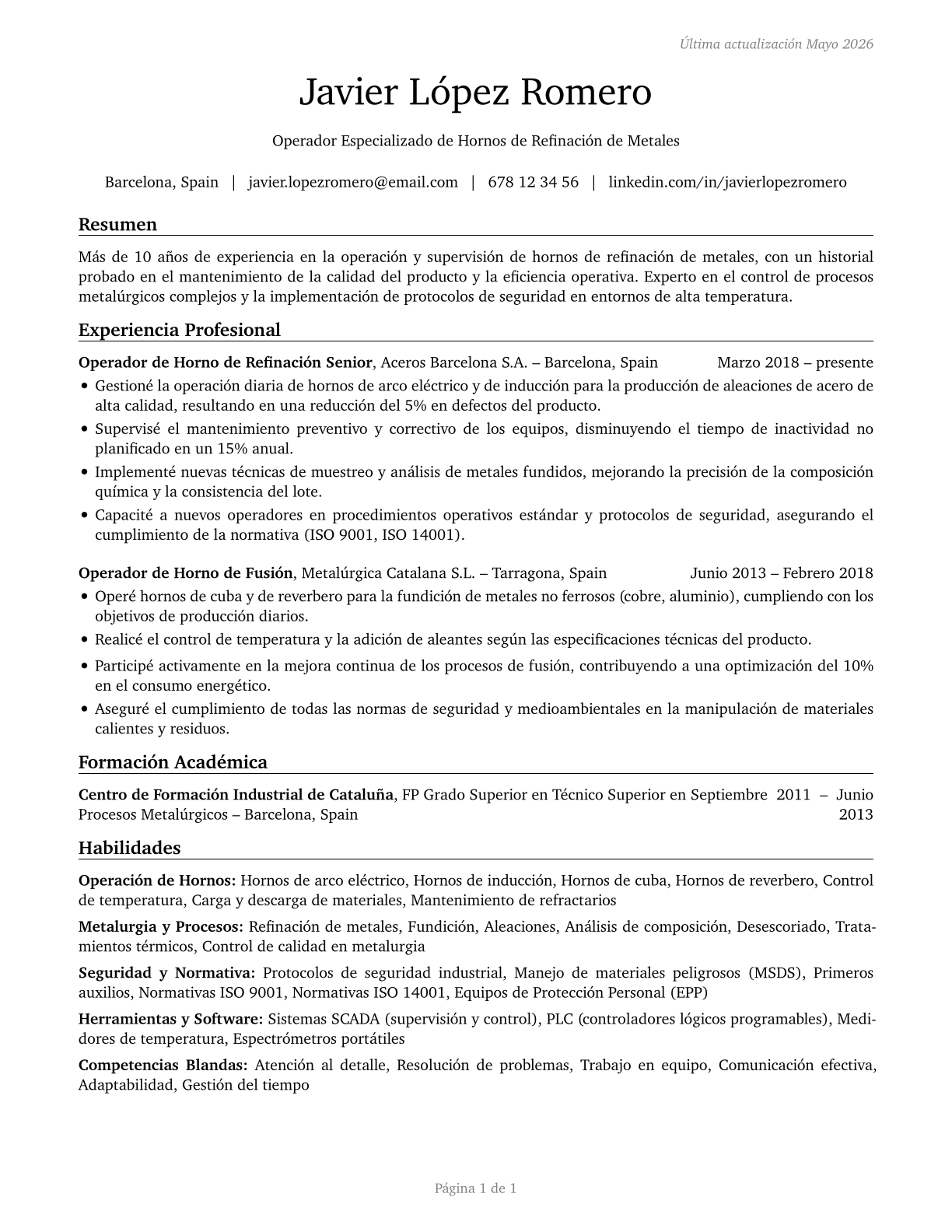 Metal-Refining Furnace Operators and Tenders CV in Spanish — page 1