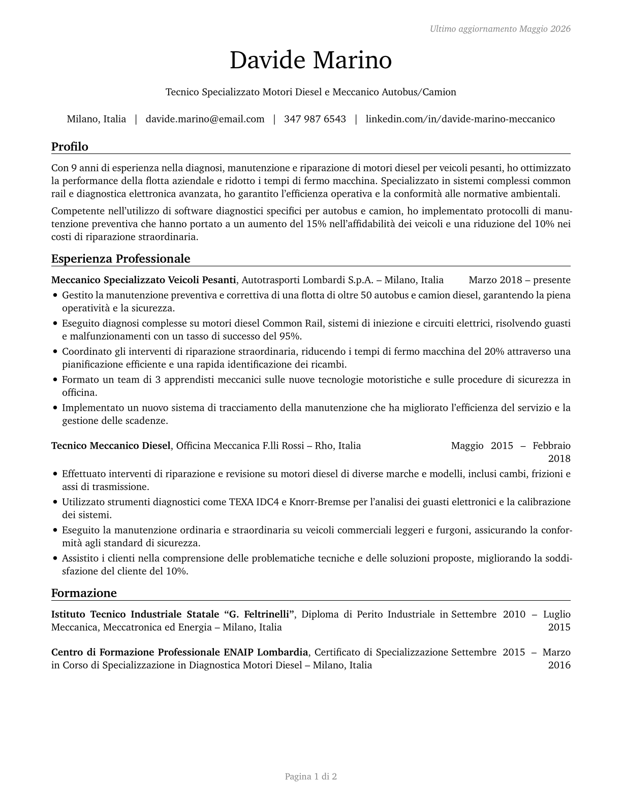 Bus and Truck Mechanics and Diesel Engine Specialists CV in Italian — page 1