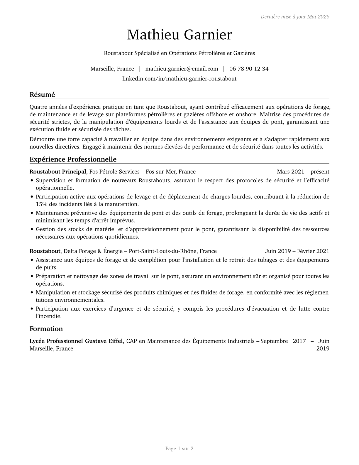 Roustabouts, Oil and Gas CV in French — page 1