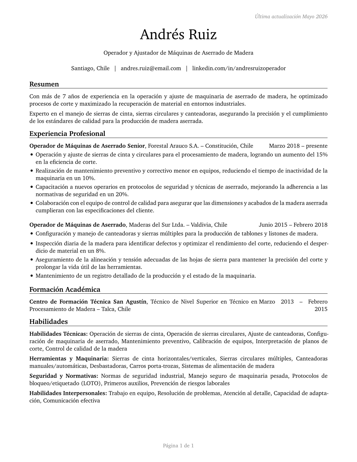 Sawing Machine Setters, Operators, and Tenders, Wood CV in Spanish — page 1