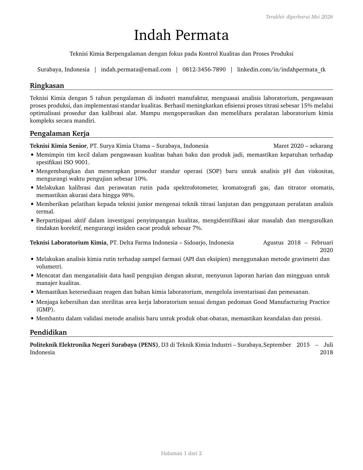 Chemical Technicians CV in Indonesian — page 1