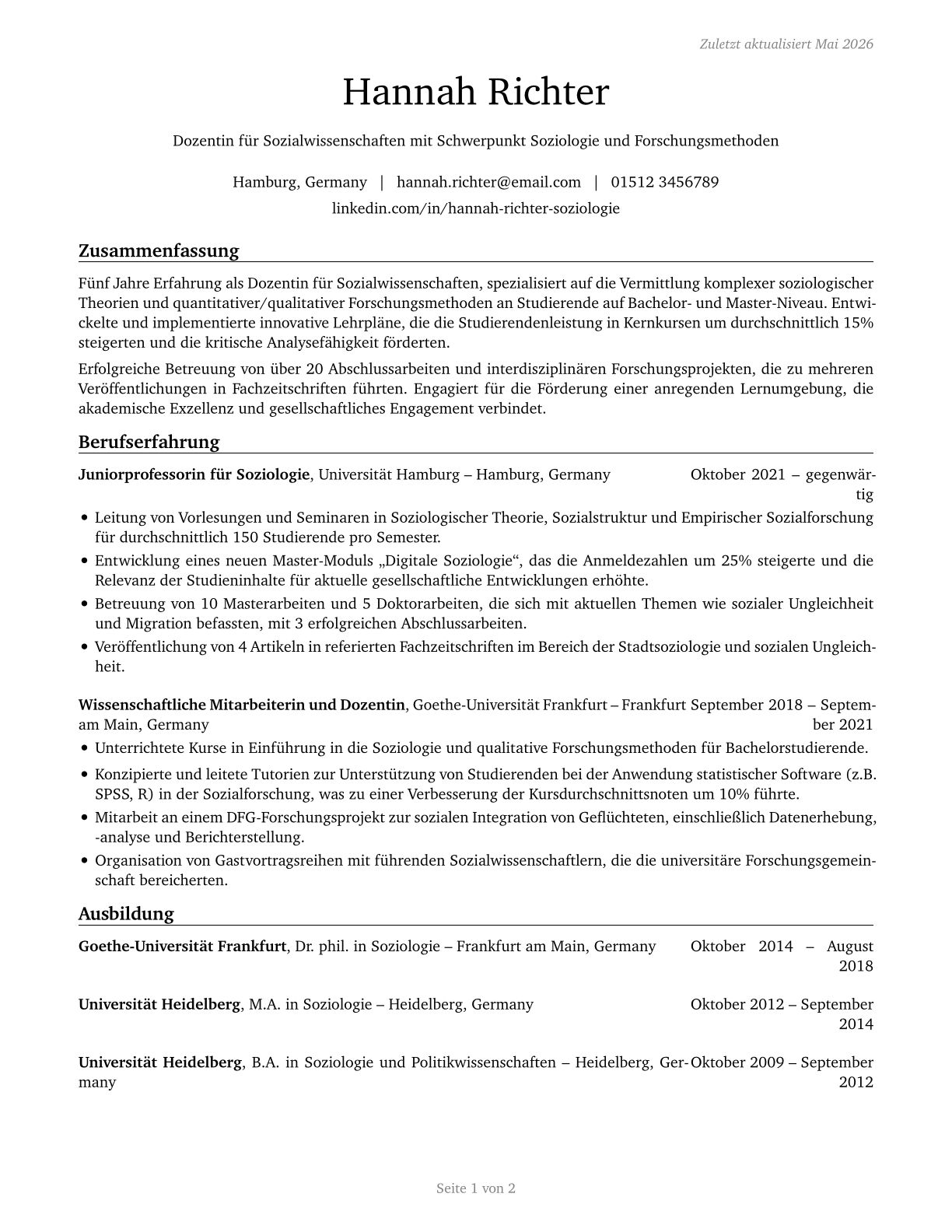 Social Sciences Teachers, Postsecondary, All Other CV in German — page 1