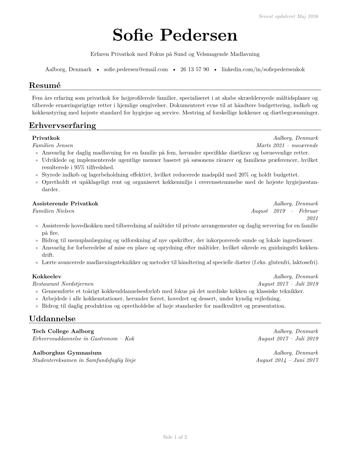 Cooks, Private Household CV in Danish — page 1