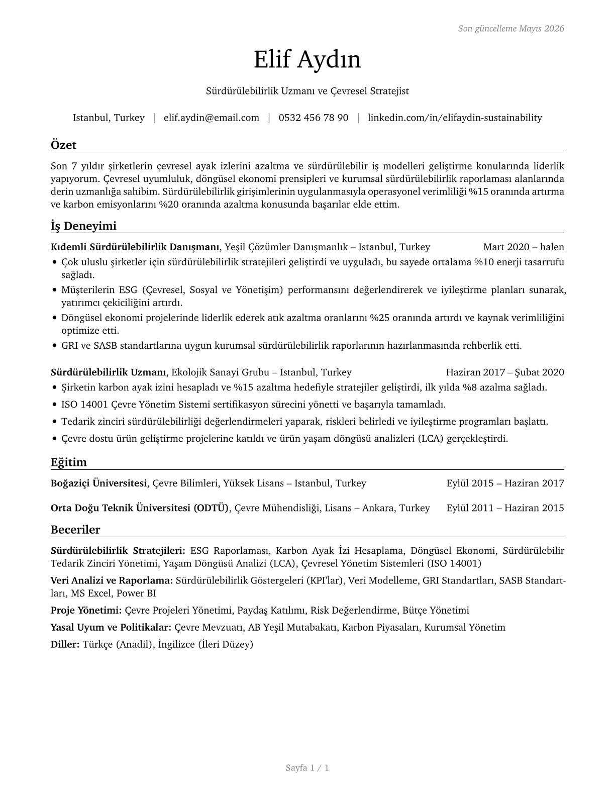 Sustainability Specialists CV in Turkish — page 1