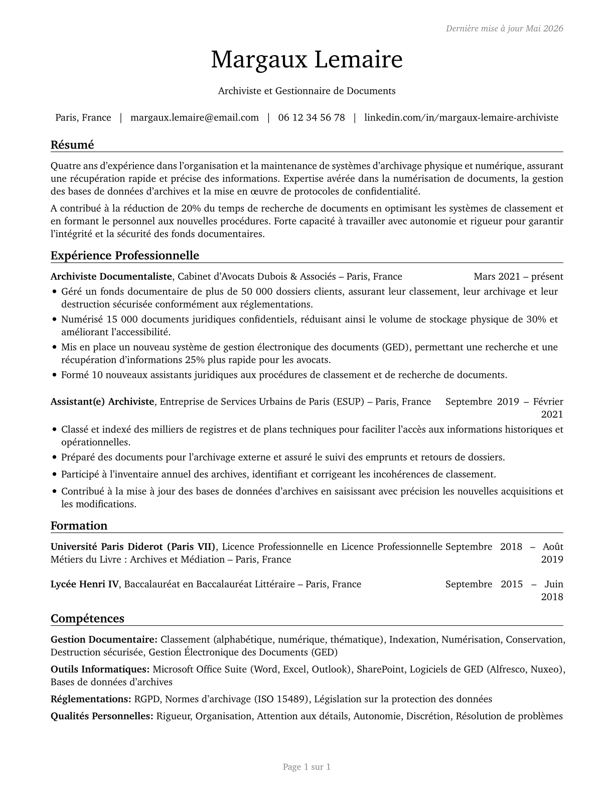 File Clerks CV in French — page 1