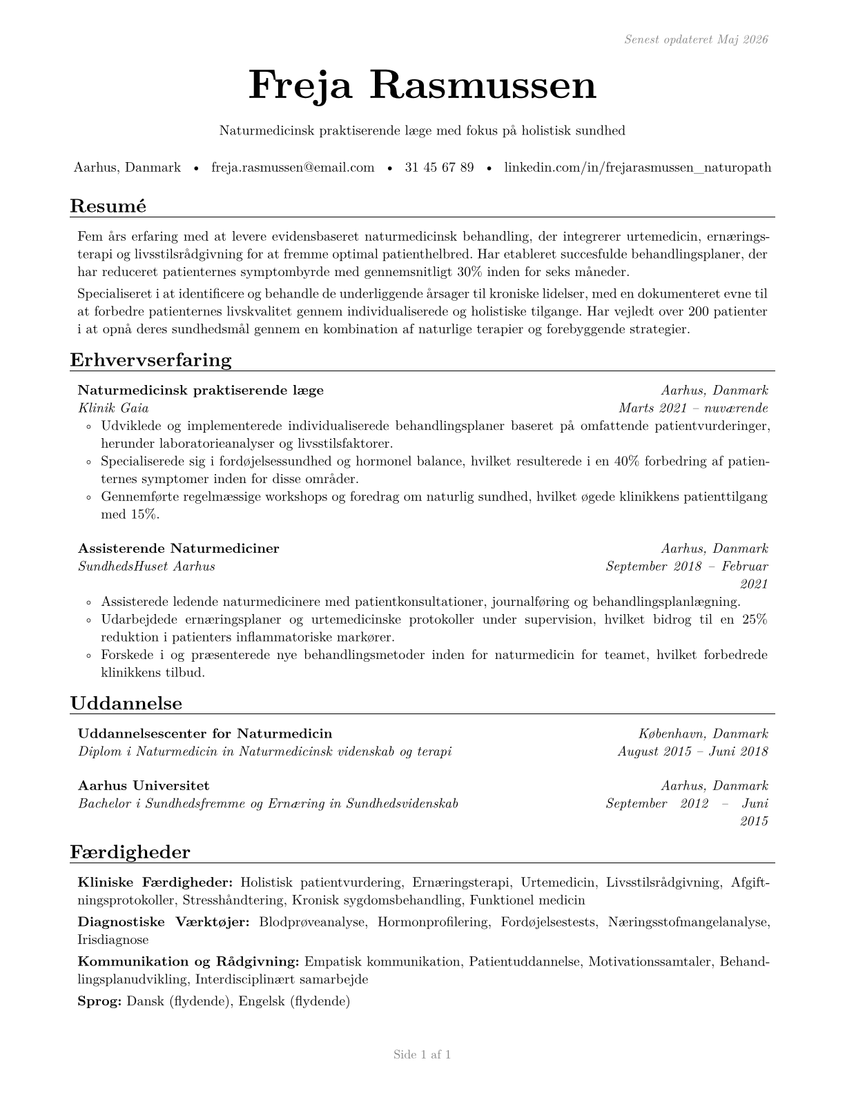 Naturopathic Physicians CV in Danish — page 1