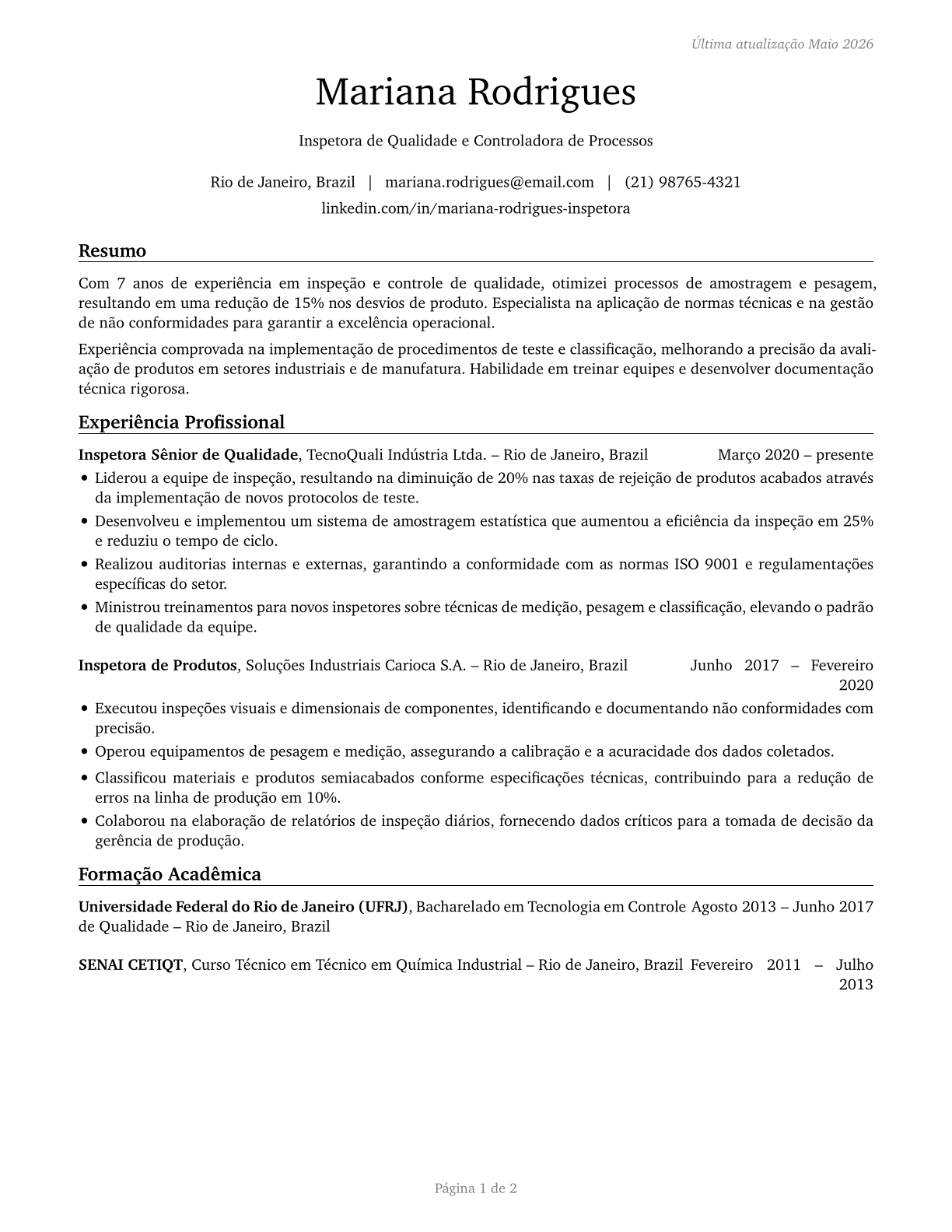 Inspectors, Testers, Sorters, Samplers, and Weighers CV in Portuguese — page 1