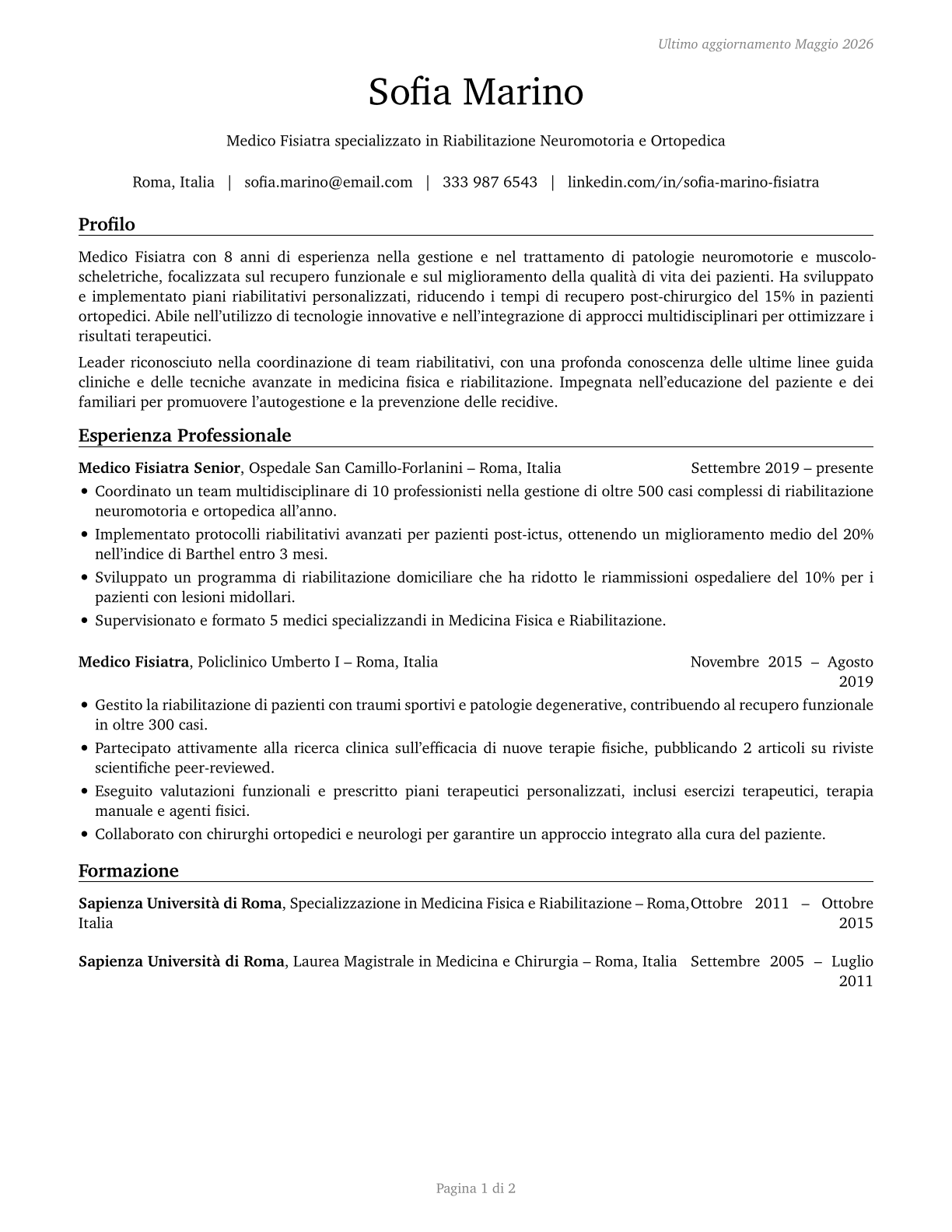 Physical Medicine and Rehabilitation Physicians CV in Italian — page 1