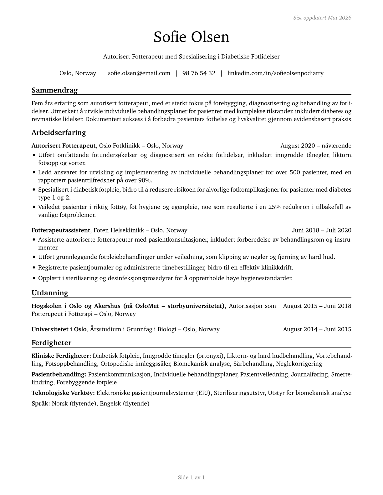 Podiatrists CV in Norwegian_bokmal — page 1