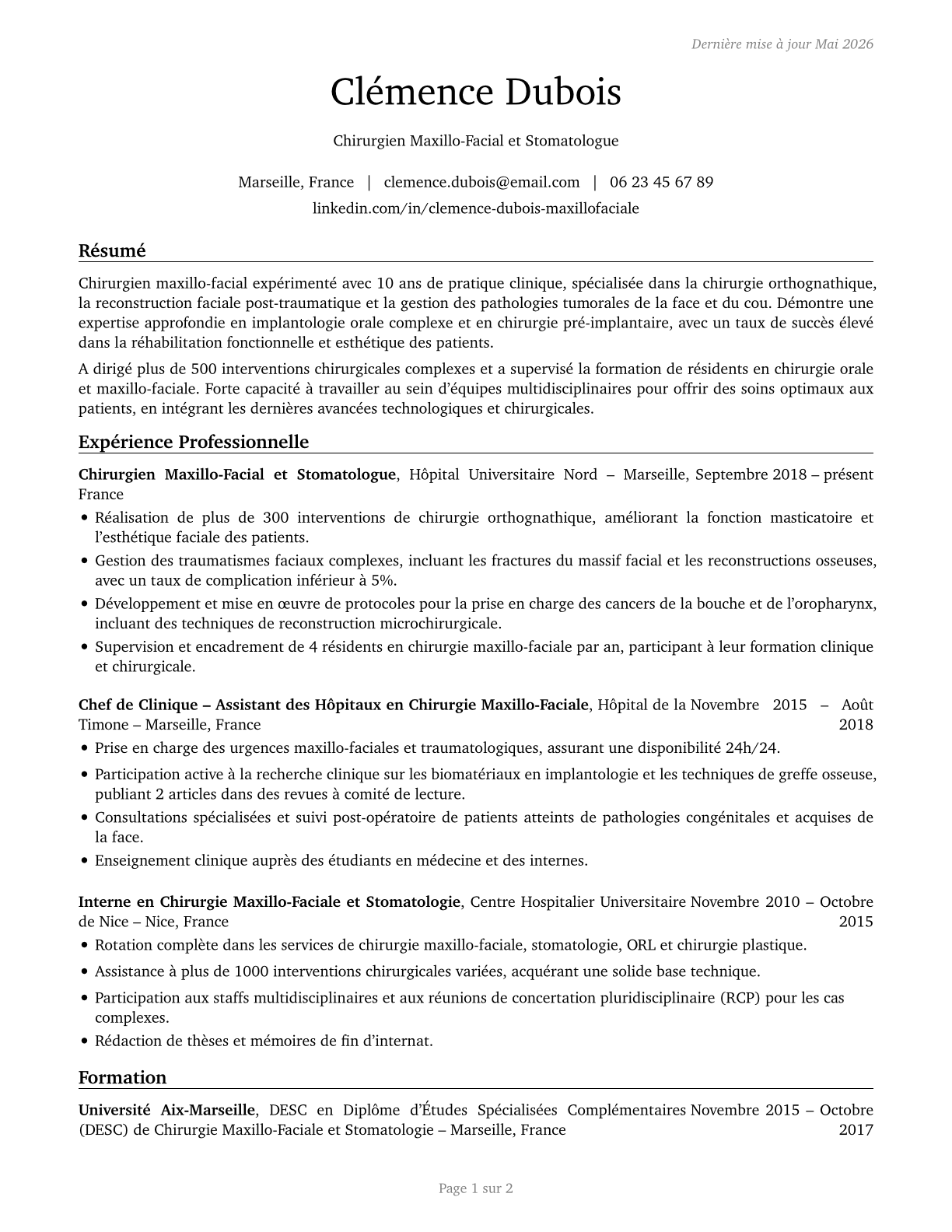 Oral and Maxillofacial Surgeons CV in French — page 1