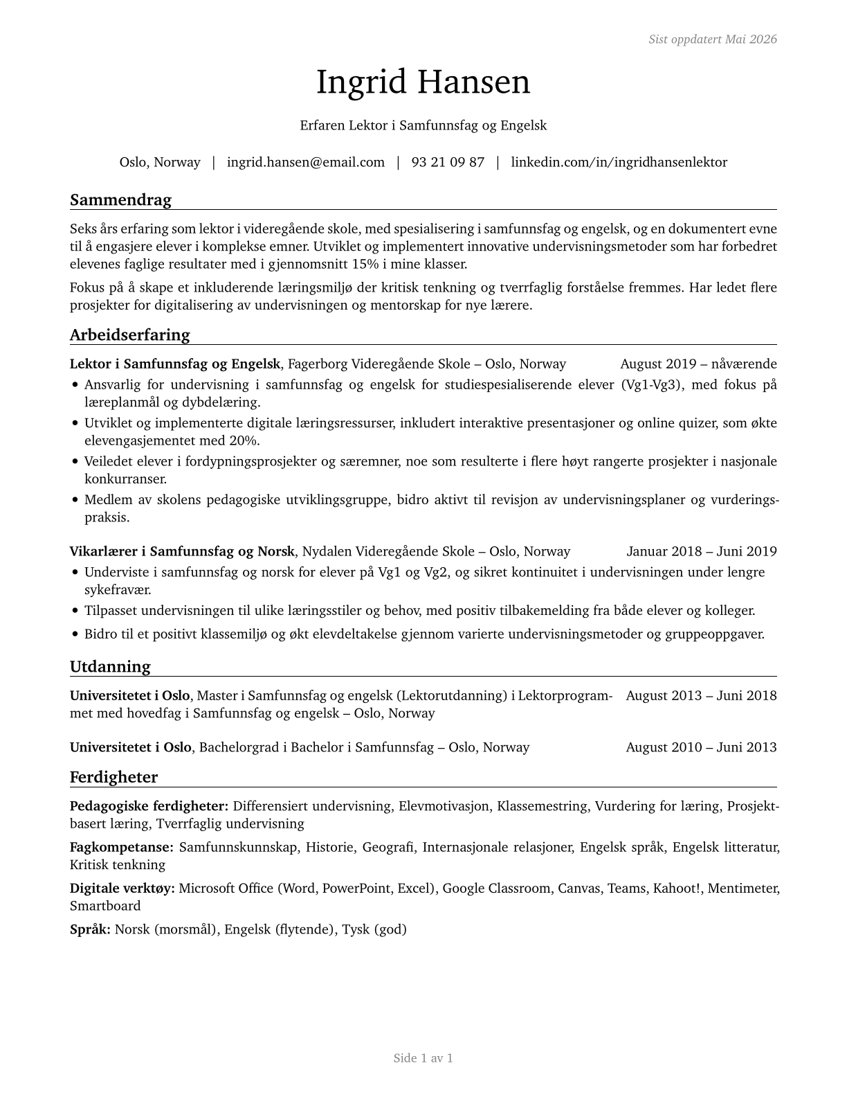 Secondary School Teachers, Except Special and Career/Technical Education CV in Norwegian_bokmal — page 1