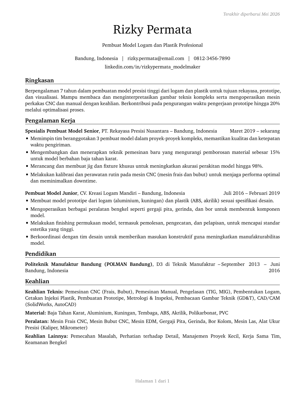 Model Makers, Metal and Plastic CV in Indonesian — page 1