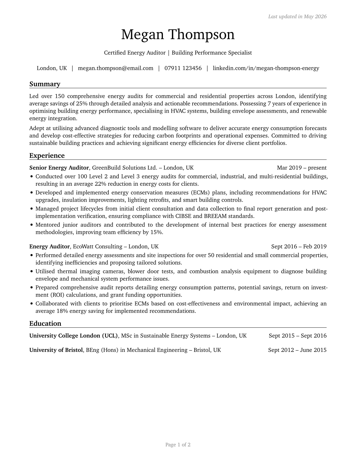 Energy Auditors CV in English — page 1