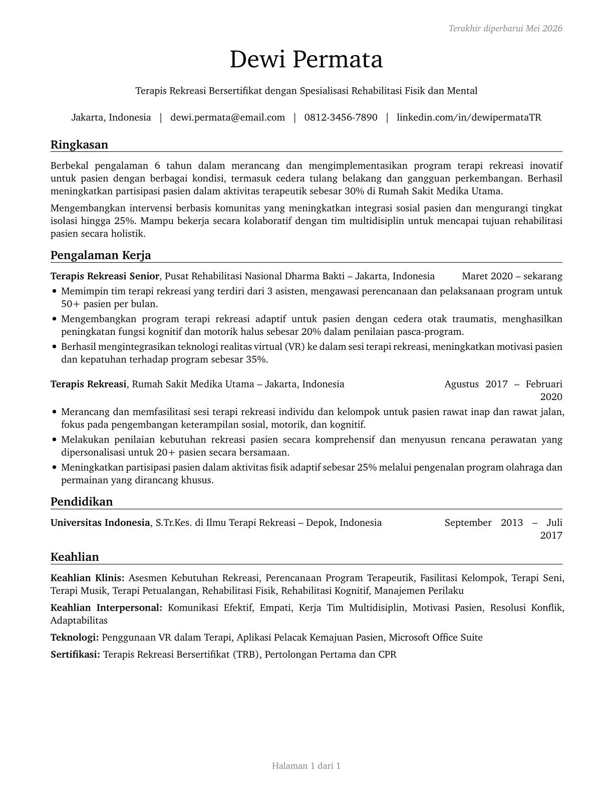 Recreational Therapists CV in Indonesian — page 1