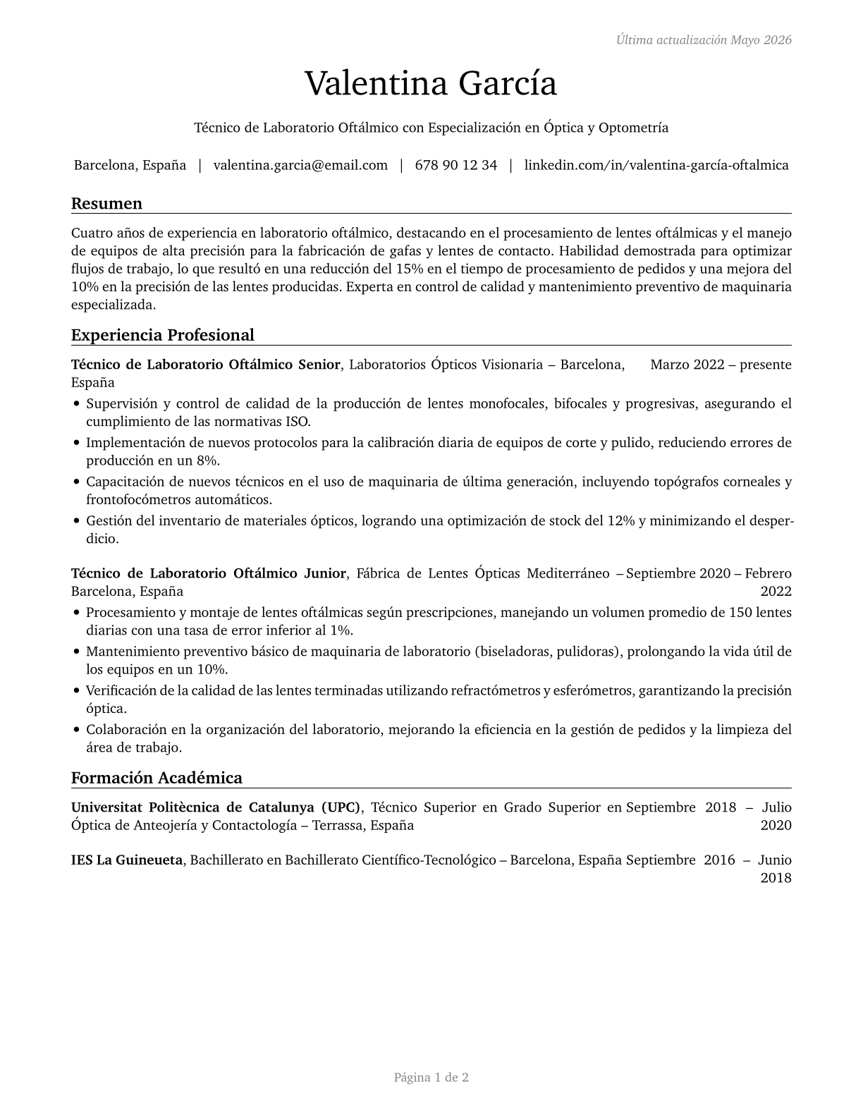 Ophthalmic Laboratory Technicians CV in Spanish — page 1