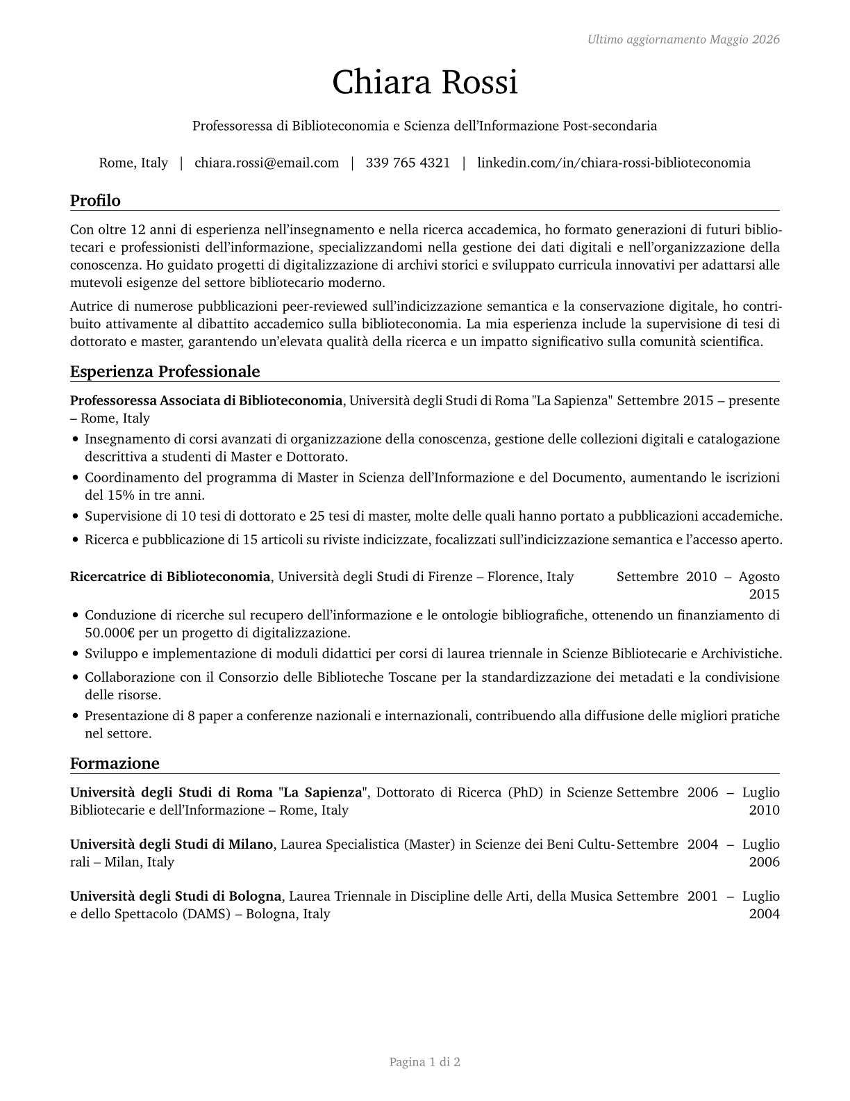 Library Science Teachers, Postsecondary CV in Italian — page 1