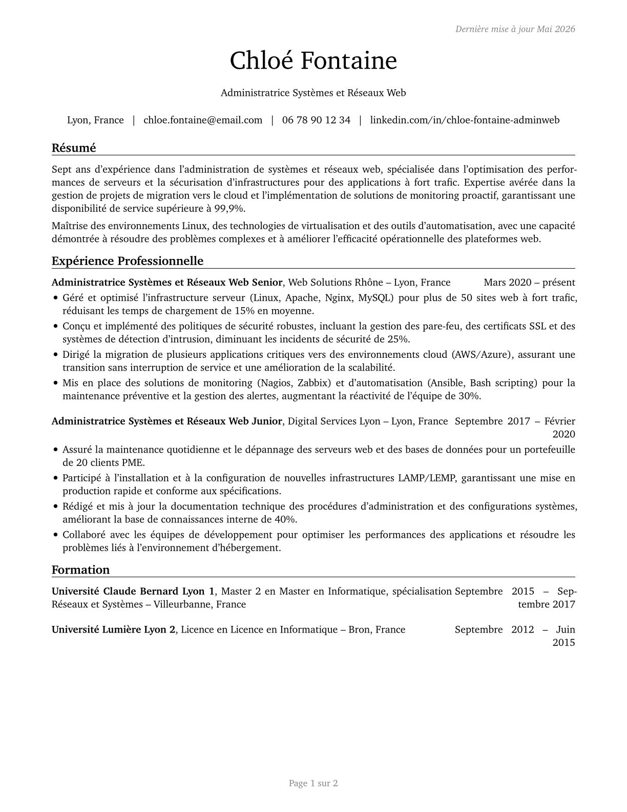 Web Administrators CV in French — page 1