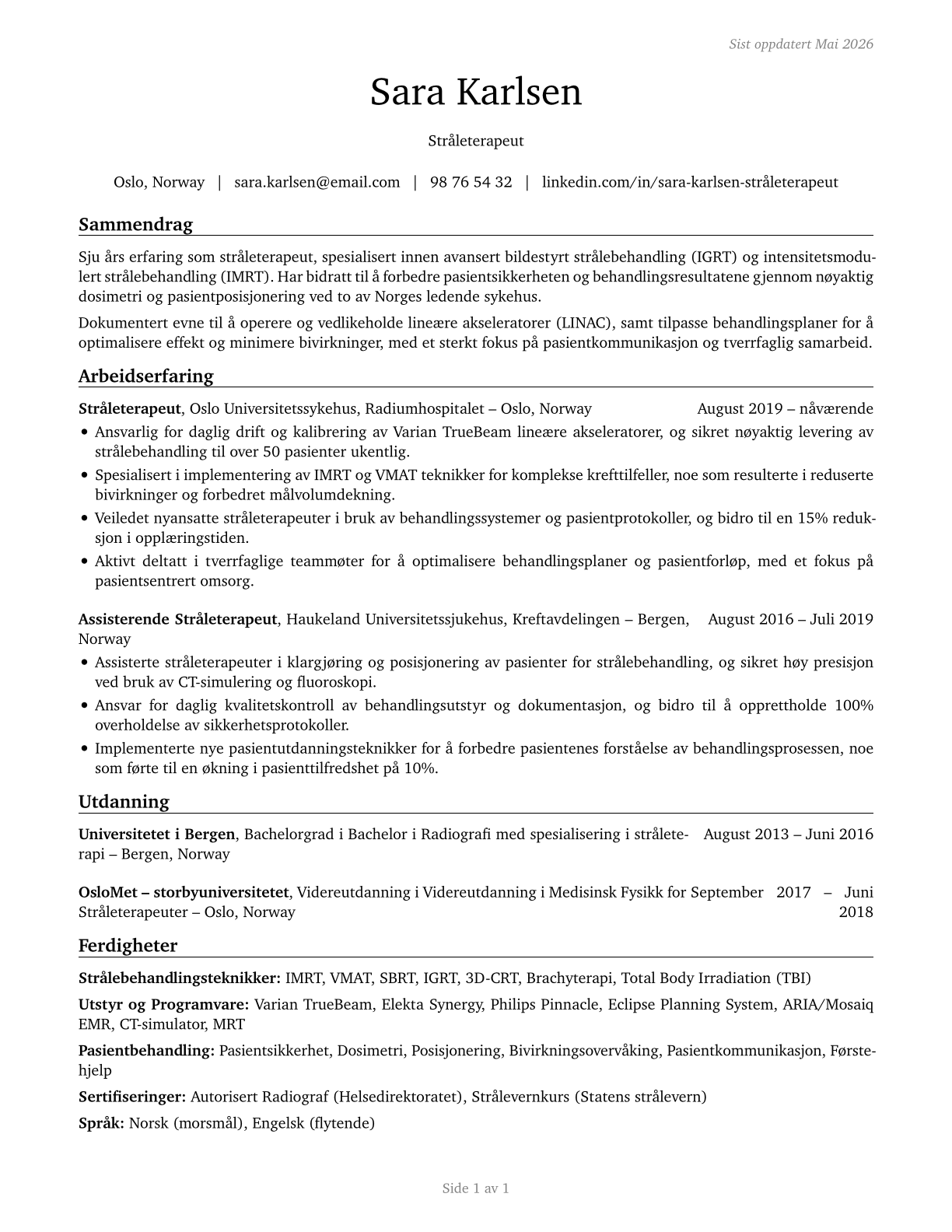 Radiation Therapists CV in Norwegian_bokmal — page 1