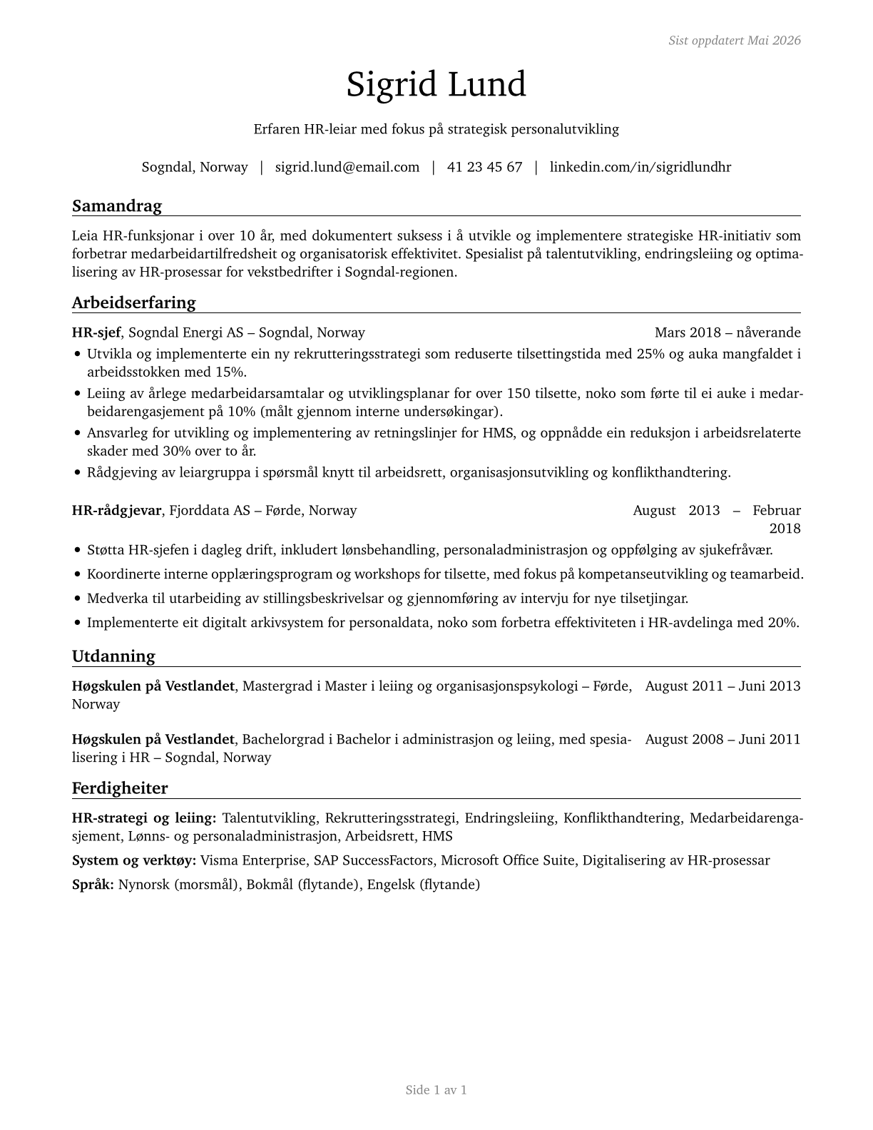 Human Resources Managers CV in Norwegian_nynorsk — page 1