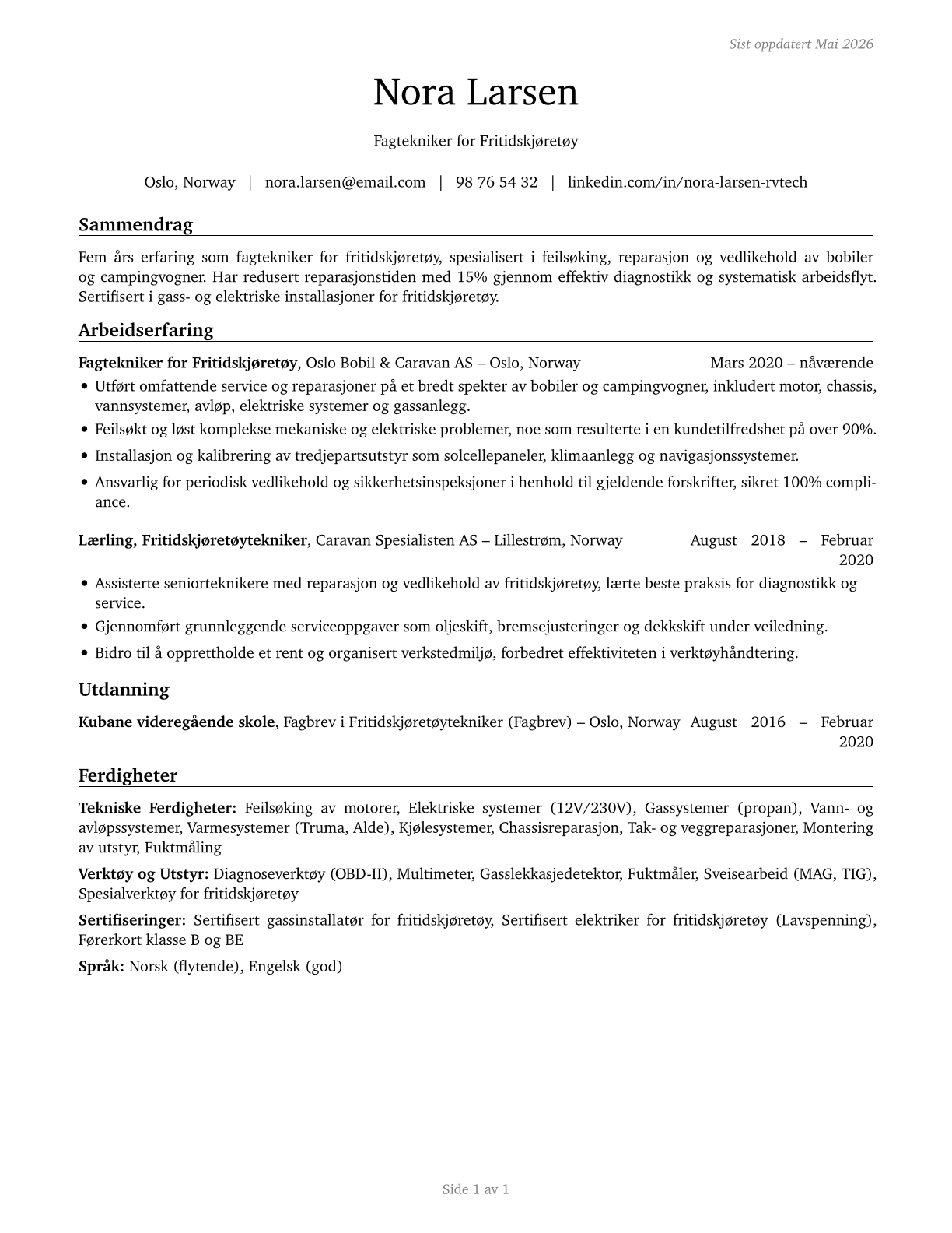 Recreational Vehicle Service Technicians CV in Norwegian_bokmal — page 1