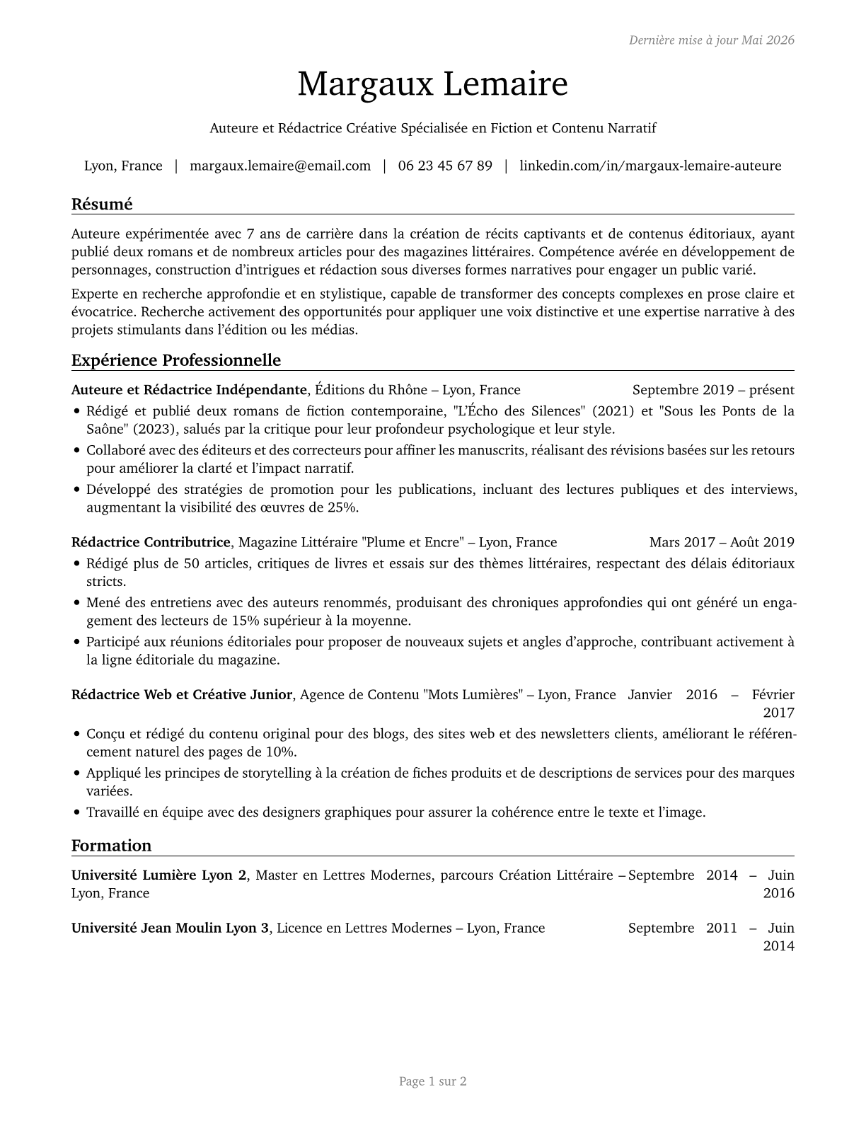 Writers and Authors CV in French — page 1