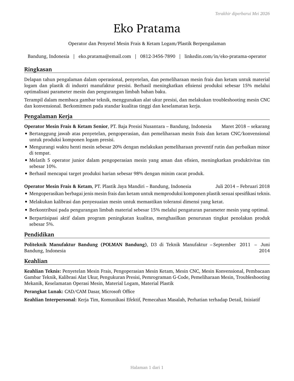 Milling and Planing Machine Setters, Operators, and Tenders, Metal and Plastic CV in Indonesian — page 1