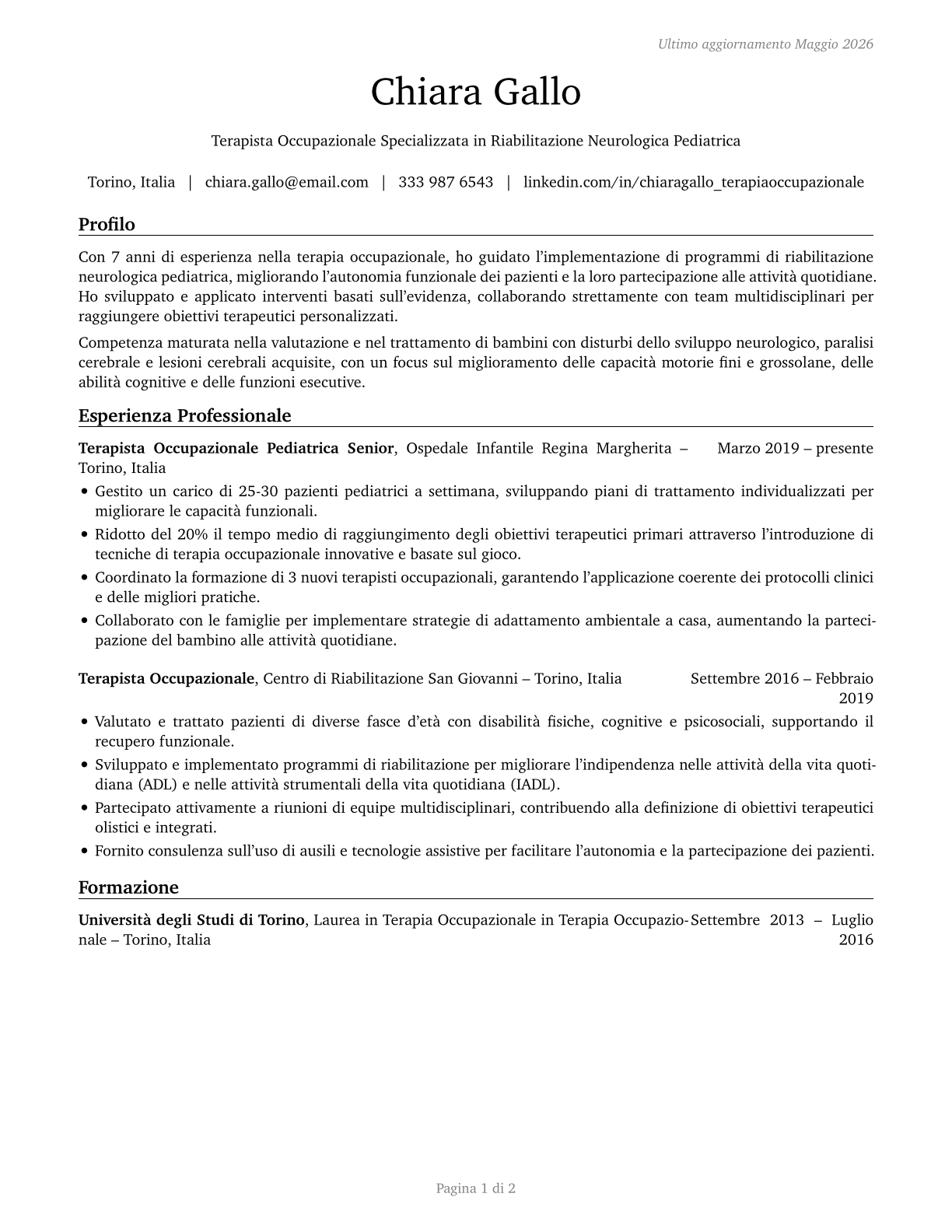 Occupational Therapists CV in Italian — page 1